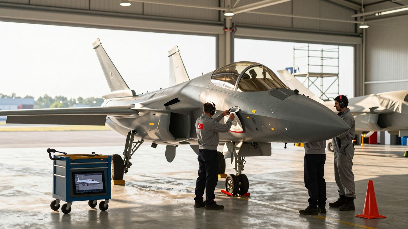 Trzech pracowników przy wojskowym samolocie odrzutowym w hangarze, obok wózek z laptopem.