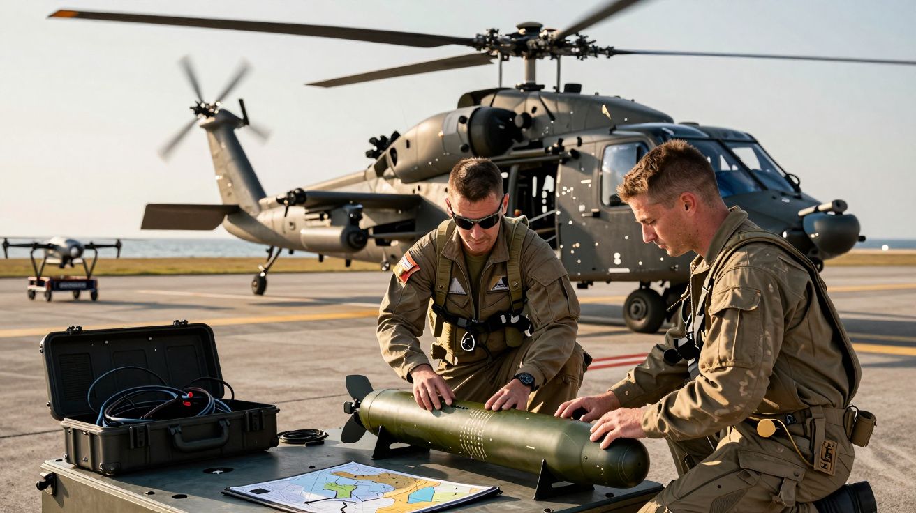 Dwóch żołnierzy w mundurach sprawdza sprzęt na stole przed śmigłowcem na pasie startowym, obok mapa i walizka.