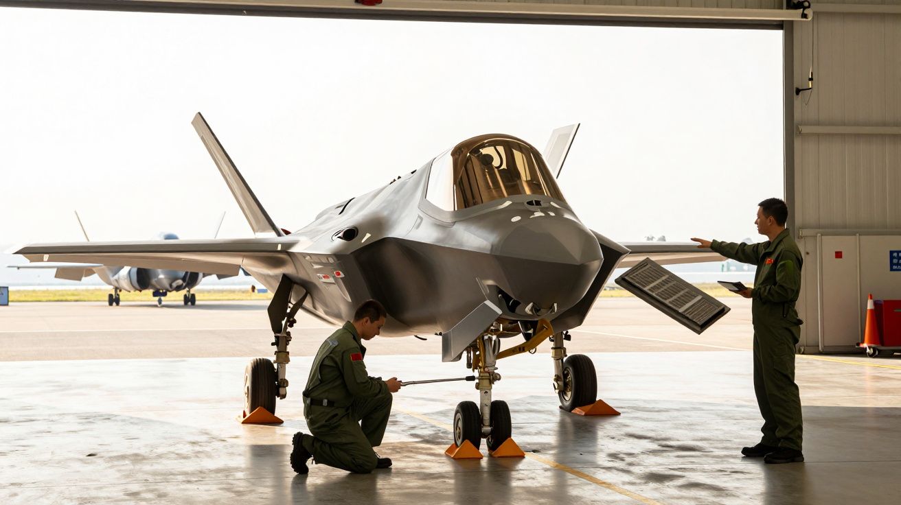 Dwóch żołnierzy w hangarze sprawdza myśliwiec F-35 na stojaku serwisowym.