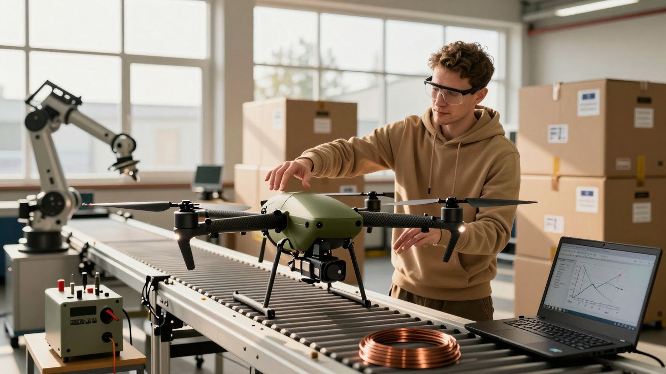 Mężczyzna w laboratorium ustawia drona na taśmie produkcyjnej, obok stoi laptop z wykresem.