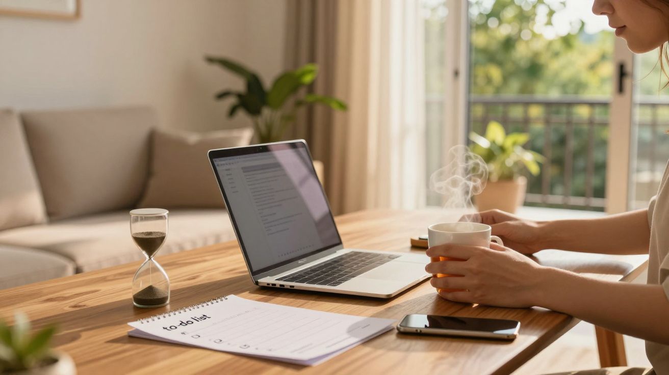 Osoba przy stole z laptopem, trzyma kubek z gorącym napojem, obok leży smartfon i lista rzeczy do zrobienia.