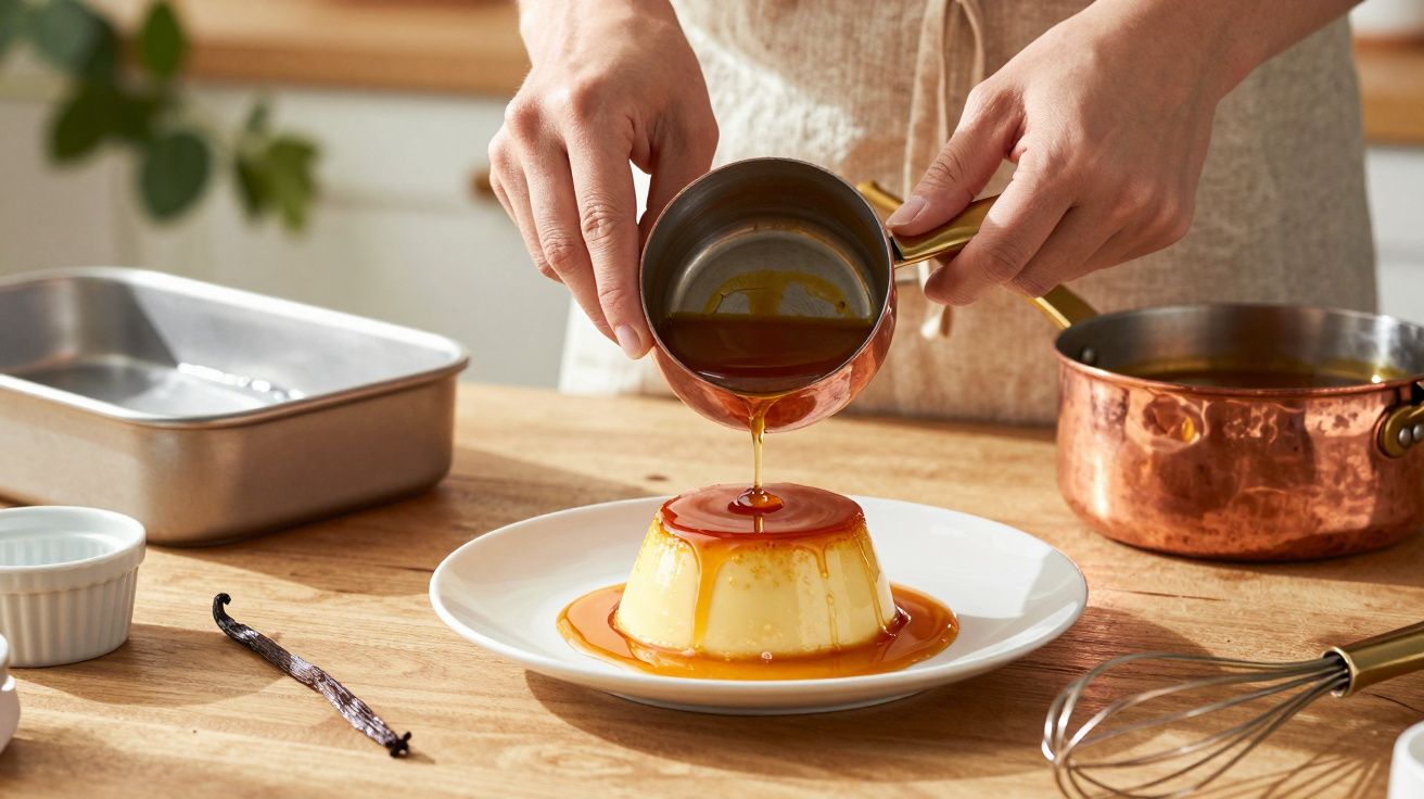 Osoba polewa karmel na flan na białym talerzu, obok miedzianego rondelka w kuchni.