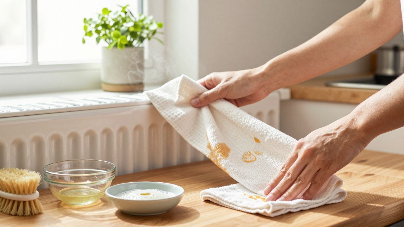 Ręce czyszczą kuchenny stół ściereczką z plamami, obok miseczki i szczotka. Roślina w doniczce na parapecie.