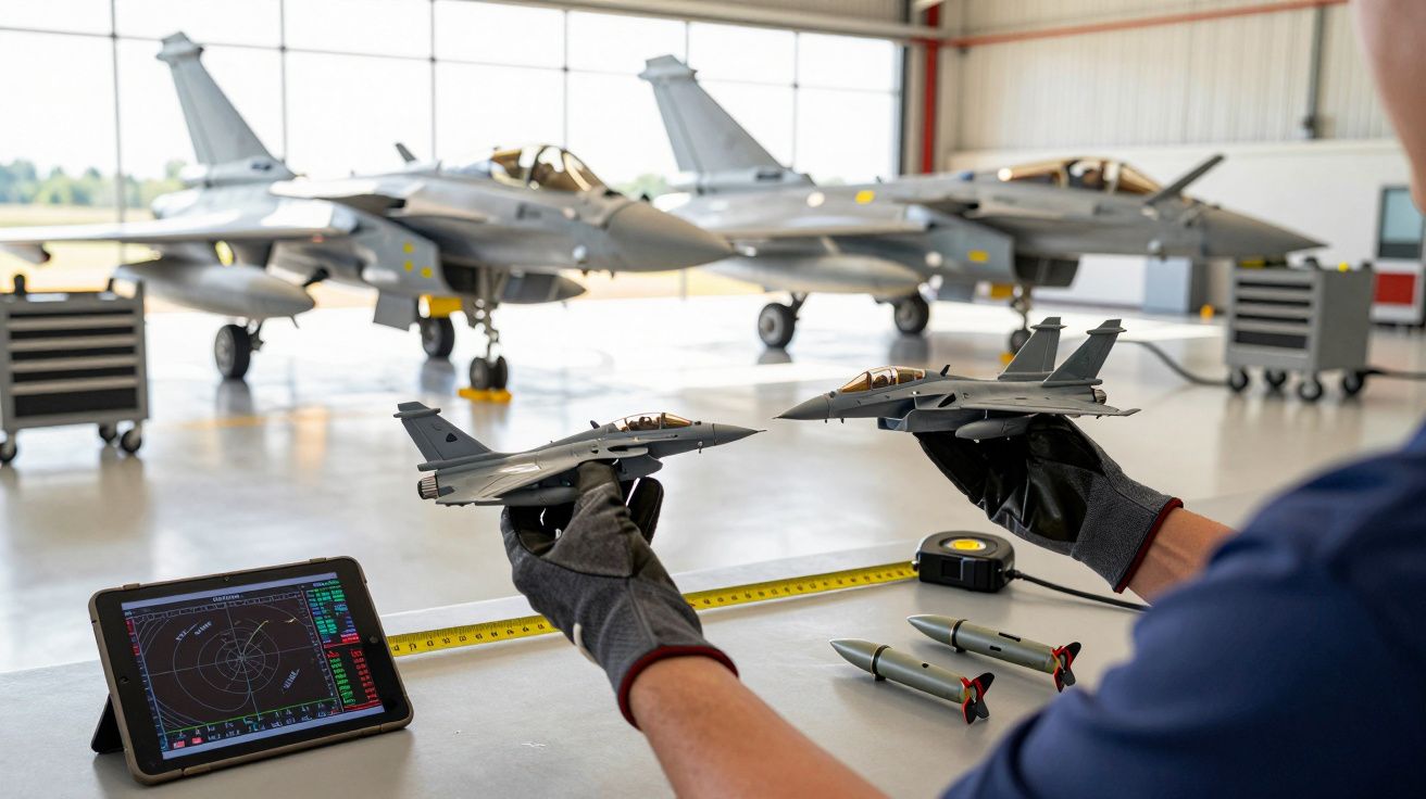 Osoba trzyma modele samolotów w hangarze, w tle dwa duże myśliwce.