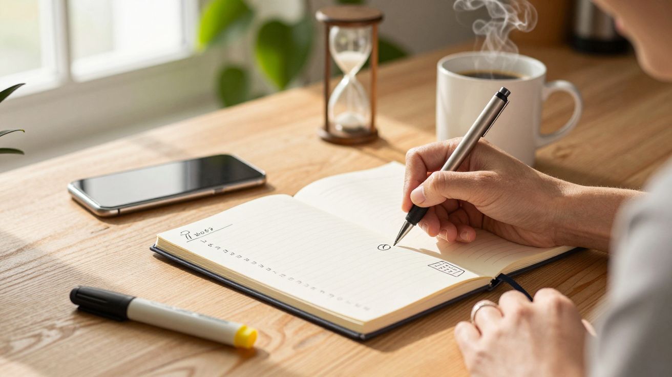 Osoba pisze długopisem w notesie na biurku z filiżanką kawy, smartfonem i klepsydrą.