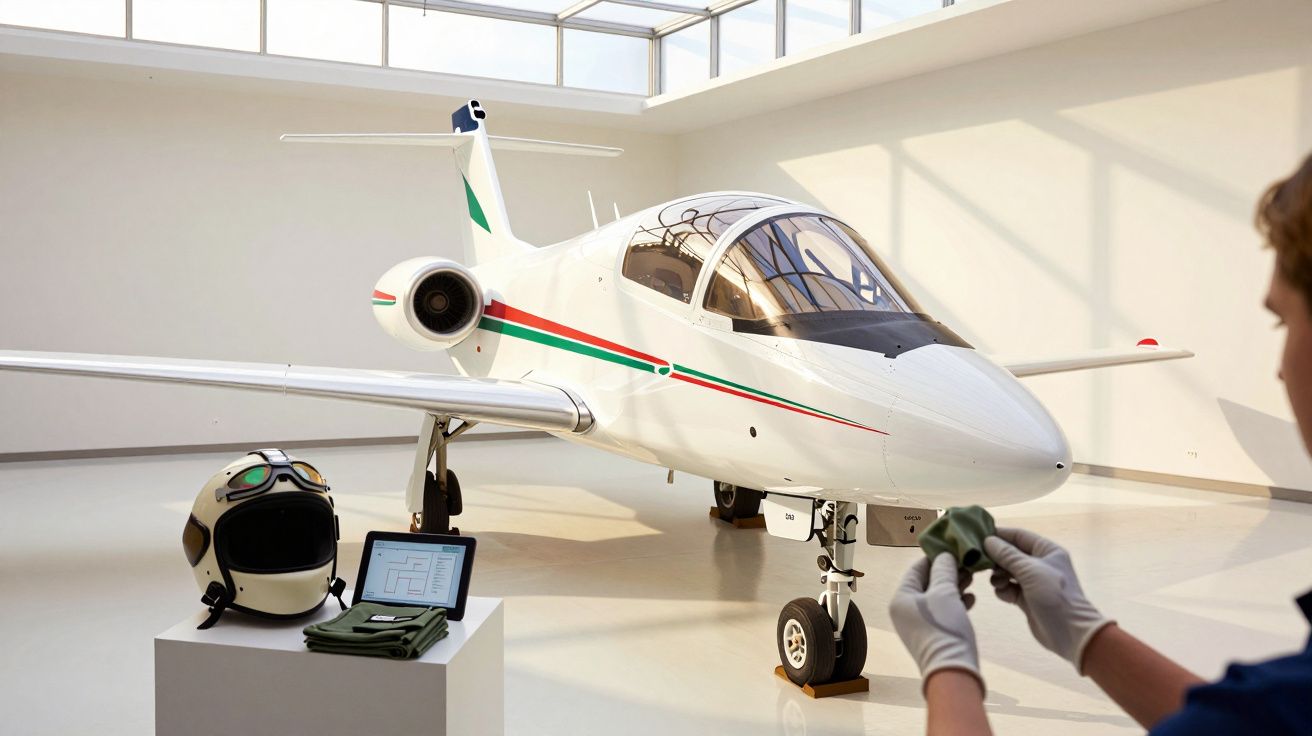 Mały biały samolot odrzutowy w hangarze, z hełmem i tabletem na stole, mężczyzna w rękawiczkach poleruje.