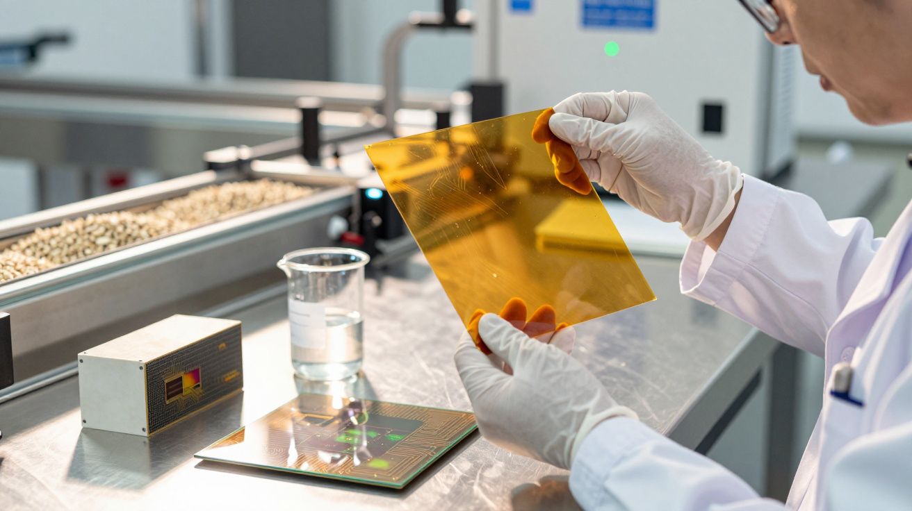 Naukowiec w laboratorium trzyma pomarańczową folię, obok sprzęt i szklanka z wodą na metalowym stole.