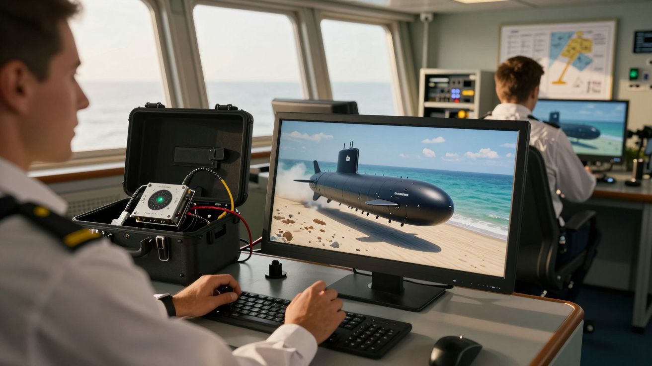 Mężczyzna w mundurze przy komputerze z grafiką łodzi podwodnej na ekranie, w tle drugi mężczyzna przy komputerze.