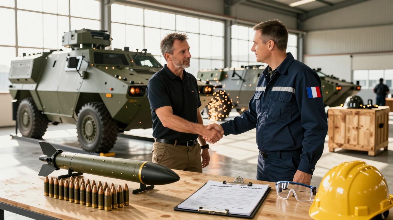 Dwóch mężczyzn podaje sobie ręce w fabryce z pojazdami wojskowymi. Na stole projekty i akcesoria ochronne.