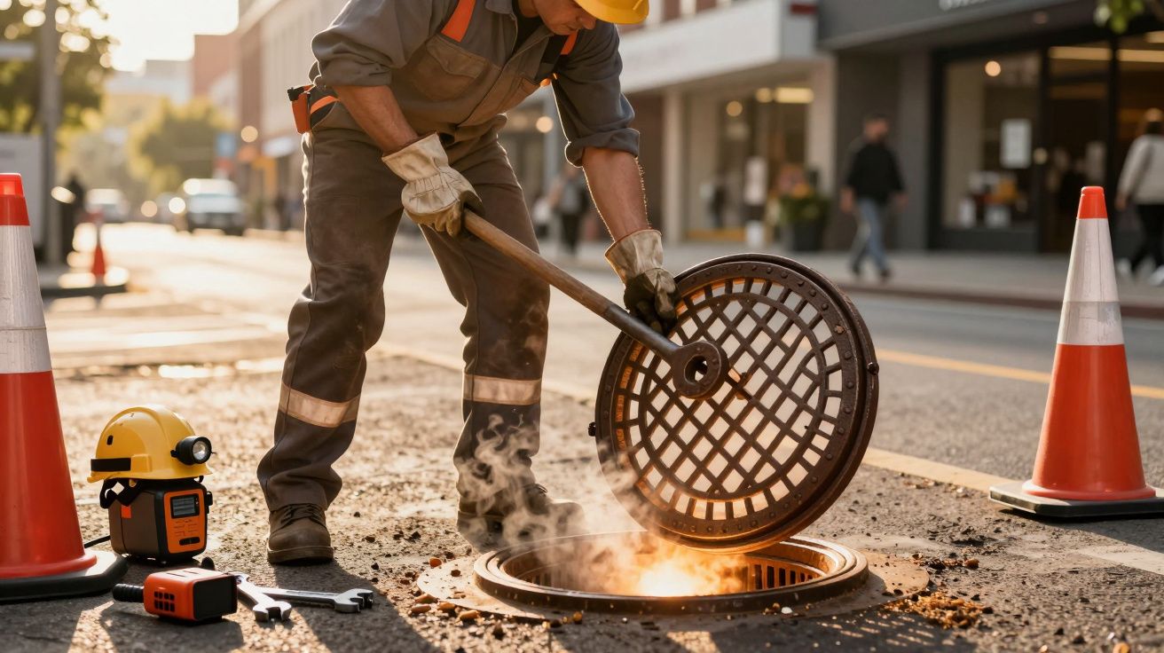 Pracownik w kasku podnosi pokrywę studzienki na ulicy, wokół pachołki drogowe i narzędzia.