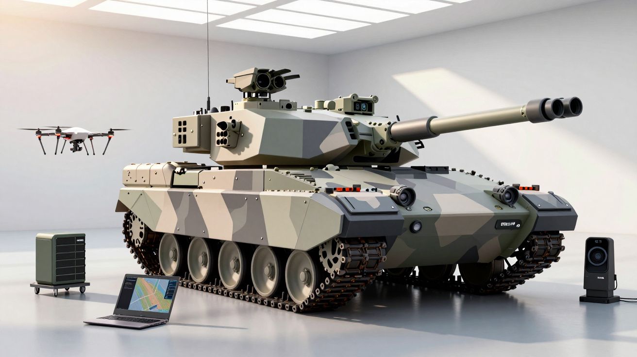 Czołg z dronem, laptopem i innym sprzętem elektronicznym w nowoczesnym hangarze.