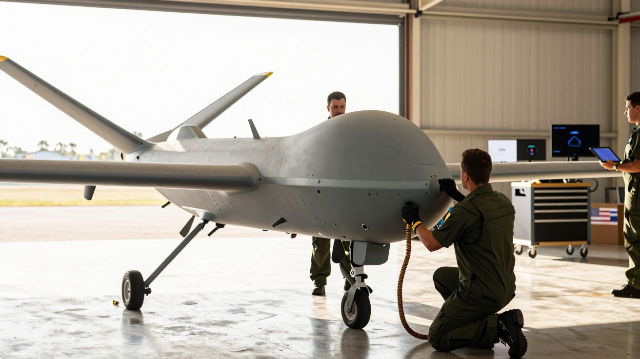 Osoby obsługujące duży dron w hangarze, jeden klęczy przy przodzie, inny patrzy na laptopa po prawej stronie.