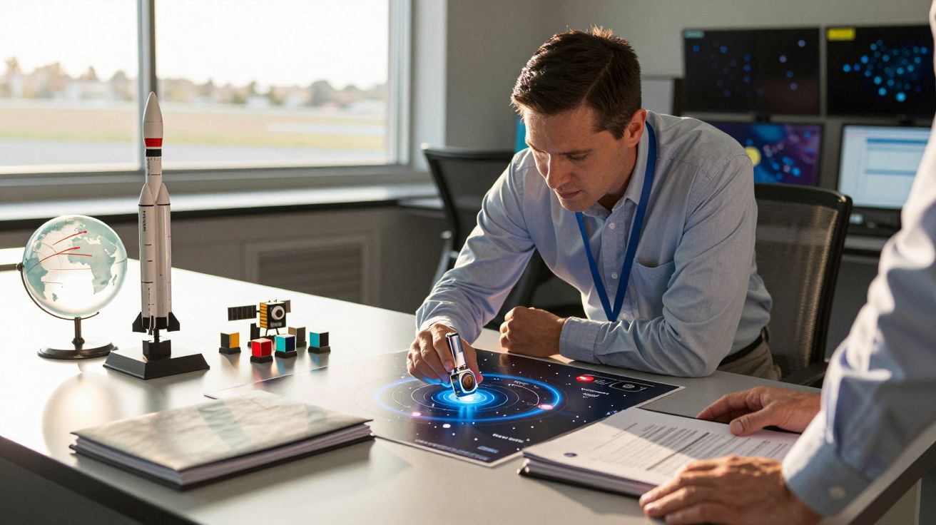 Mężczyzna przy biurku z makietą rakiety i kulą ziemską, analizujący diagram na stole, w tle ekrany komputerów.