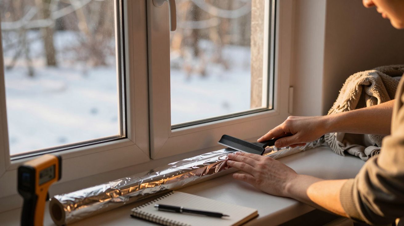 Osoba przy oknie pokrywając parapet folią aluminiową, obok notes i długopis. Na zewnątrz widać śnieg.