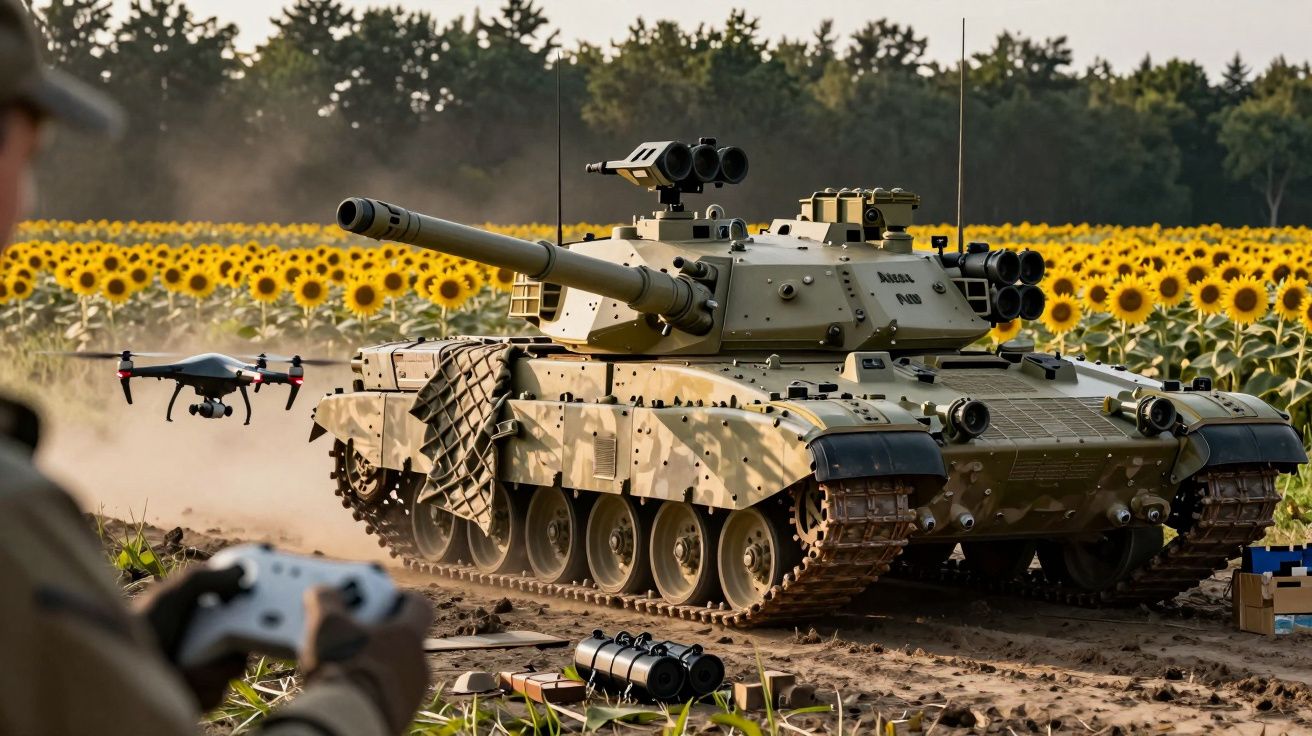 Czołg w polu słoneczników z dronem w locie, sterowanym przez osobę z kontrolerem.