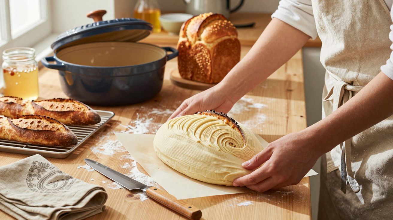 Osoba przygotowująca chleb na kuchennym blacie, obok pieczywo, nóż i garnek.