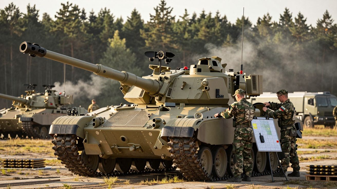 Żołnierze przy czołgu na poligonie, w tle las.