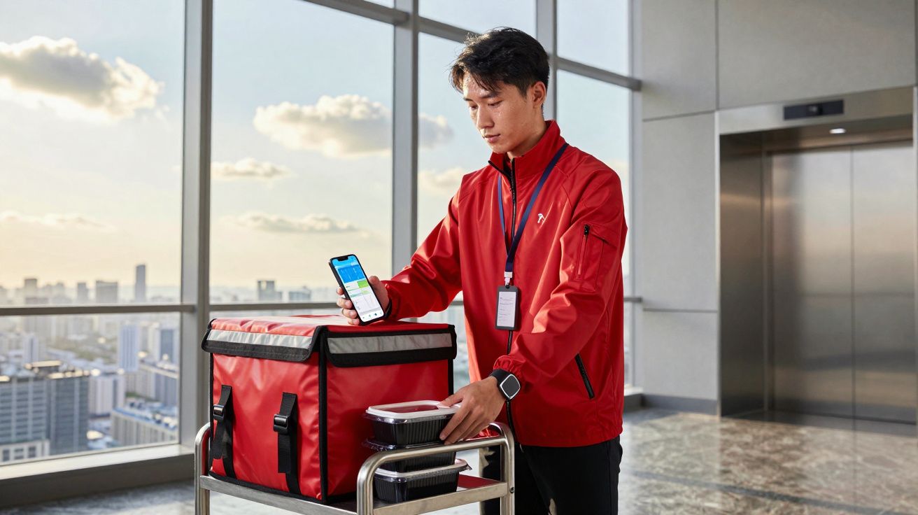 Mężczyzna w czerwonej kurtce dostarcza jedzenie na wózku i sprawdza smartfona w biurze z widokiem na miasto.