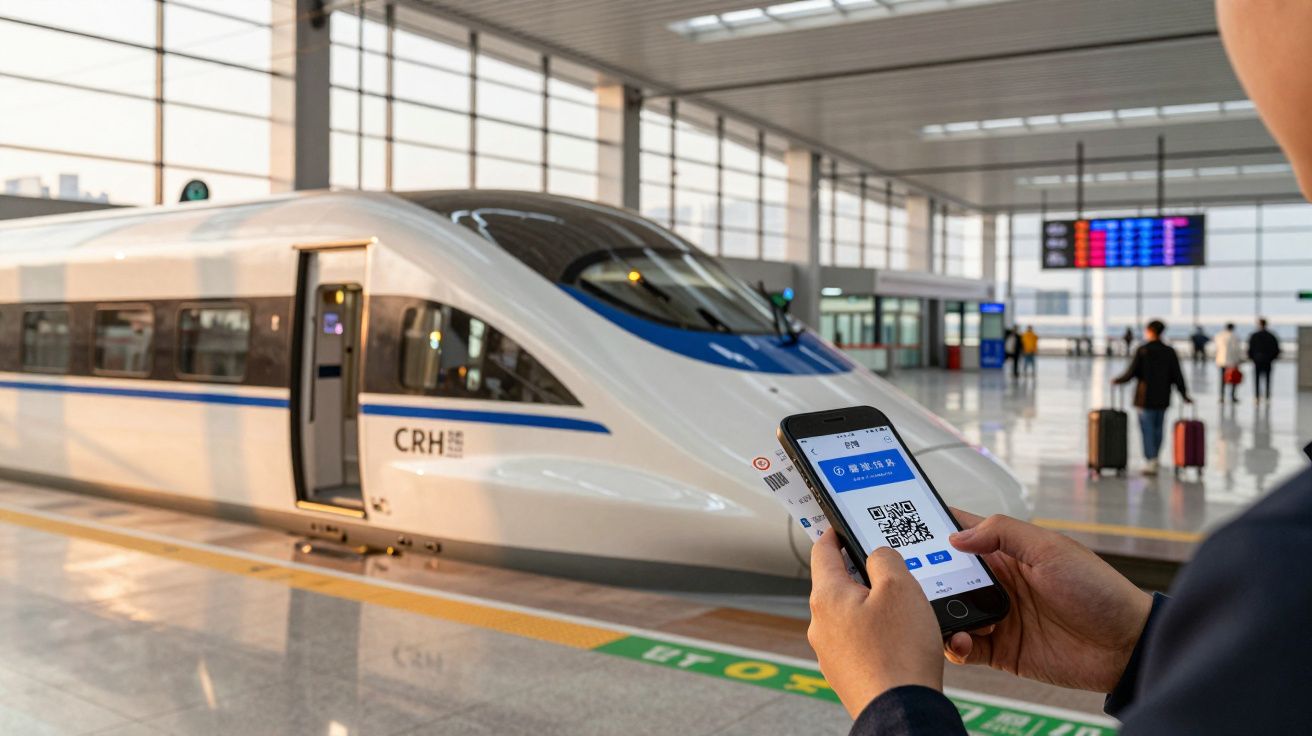 Osoba na dworcu kolejowym trzyma telefon z wyświetlonym kodem QR, w tle nowoczesny pociąg szybki.