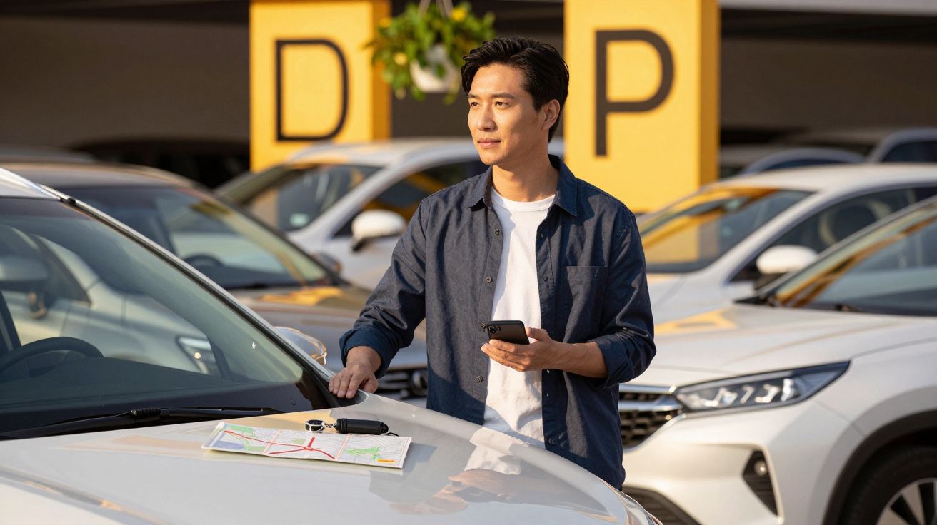 Mężczyzna na parkingu z telefonem w ręku, obok niego samochód z mapą na masce.