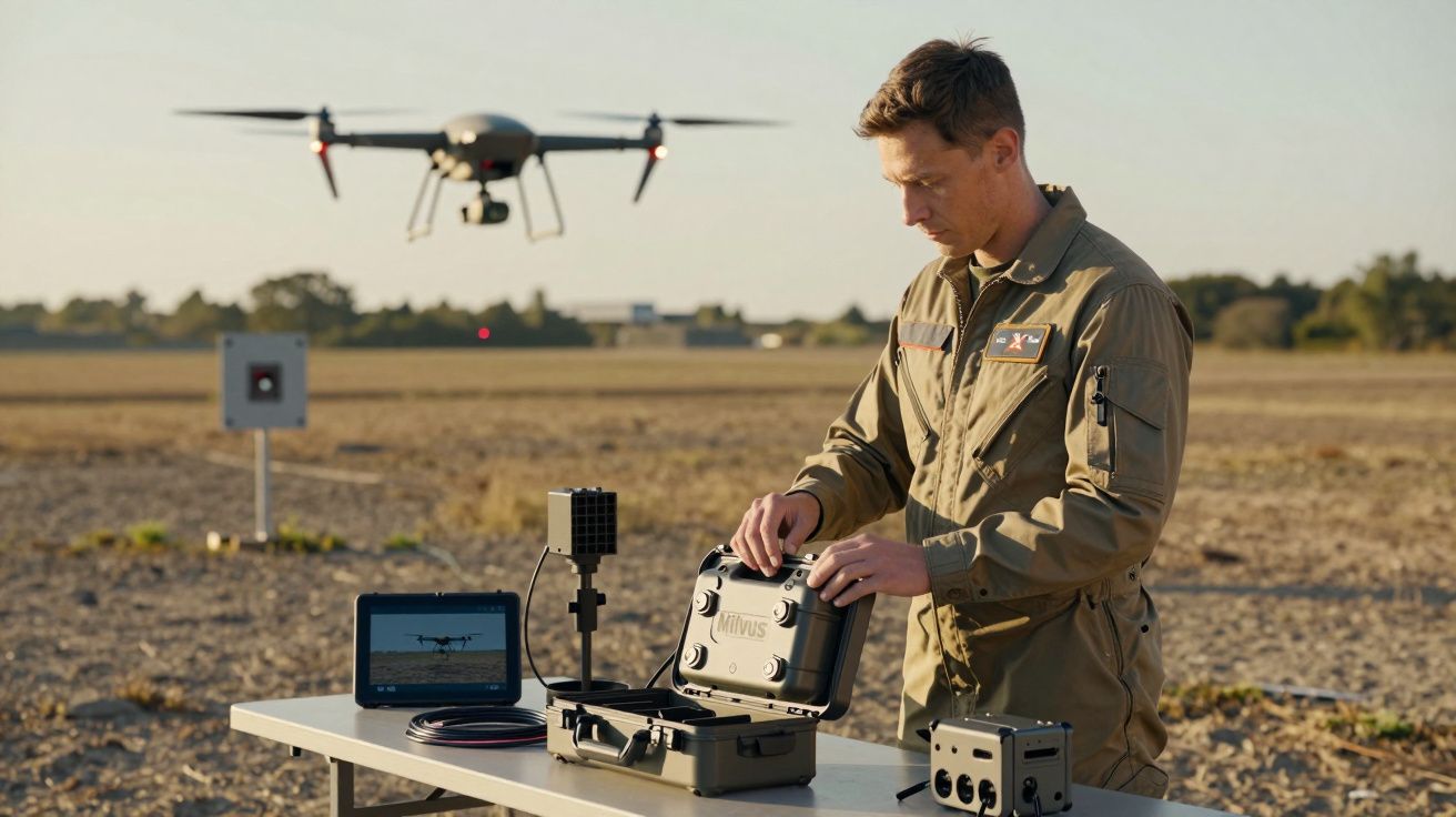 Mężczyzna obsługujący drona na odkrytym terenie, przy stole z laptopem i sprzętem do sterowania.