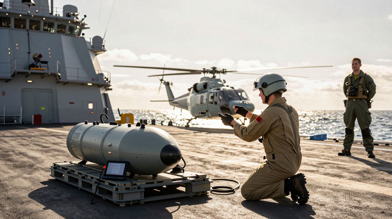 Żołnierz obsługuje sprzęt na pokładzie statku, w tle lądujący śmigłowiec i stojący drugi żołnierz.