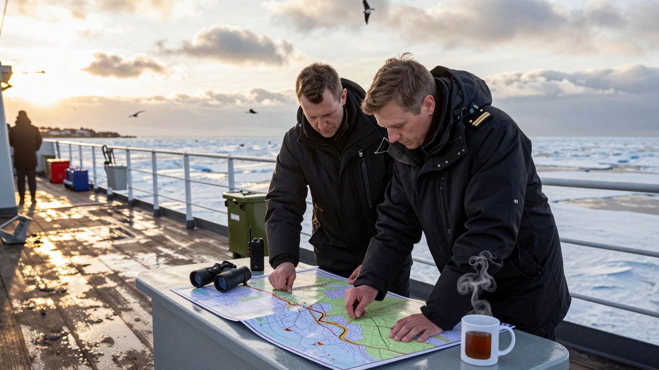 Dwóch mężczyzn na pokładzie statku przegląda mapę na stole, obok lornetka i kubek z gorącym napojem.