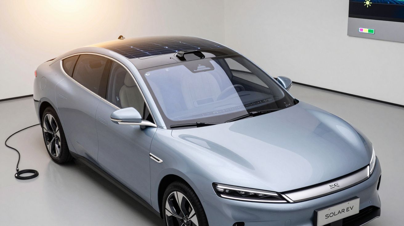 Srebrny samochód elektryczny z panelami słonecznymi na dachu, stoi podłączony do ładowarki w jasnym pomieszczeniu.