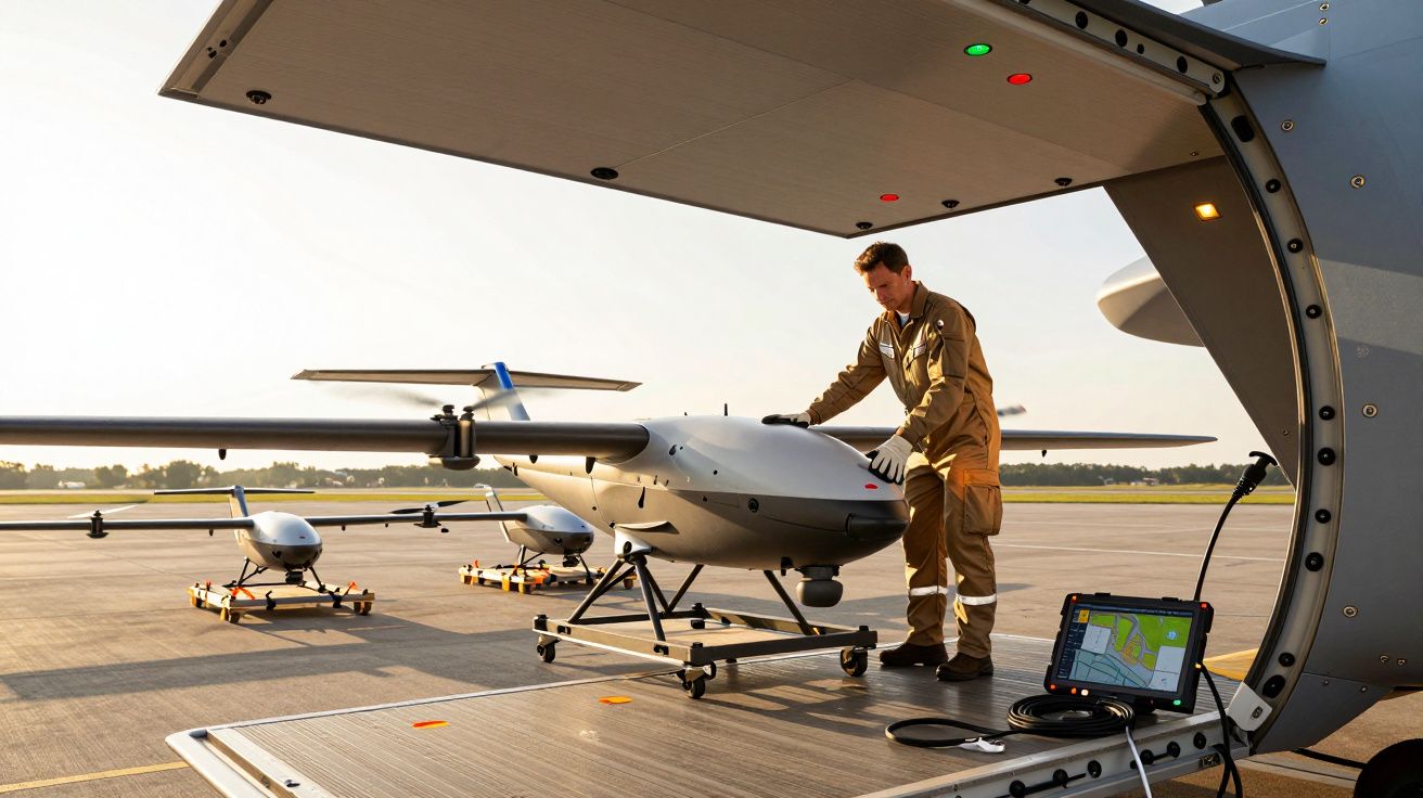 Mężczyzna w mundurze przy dronie na lotnisku o poranku.