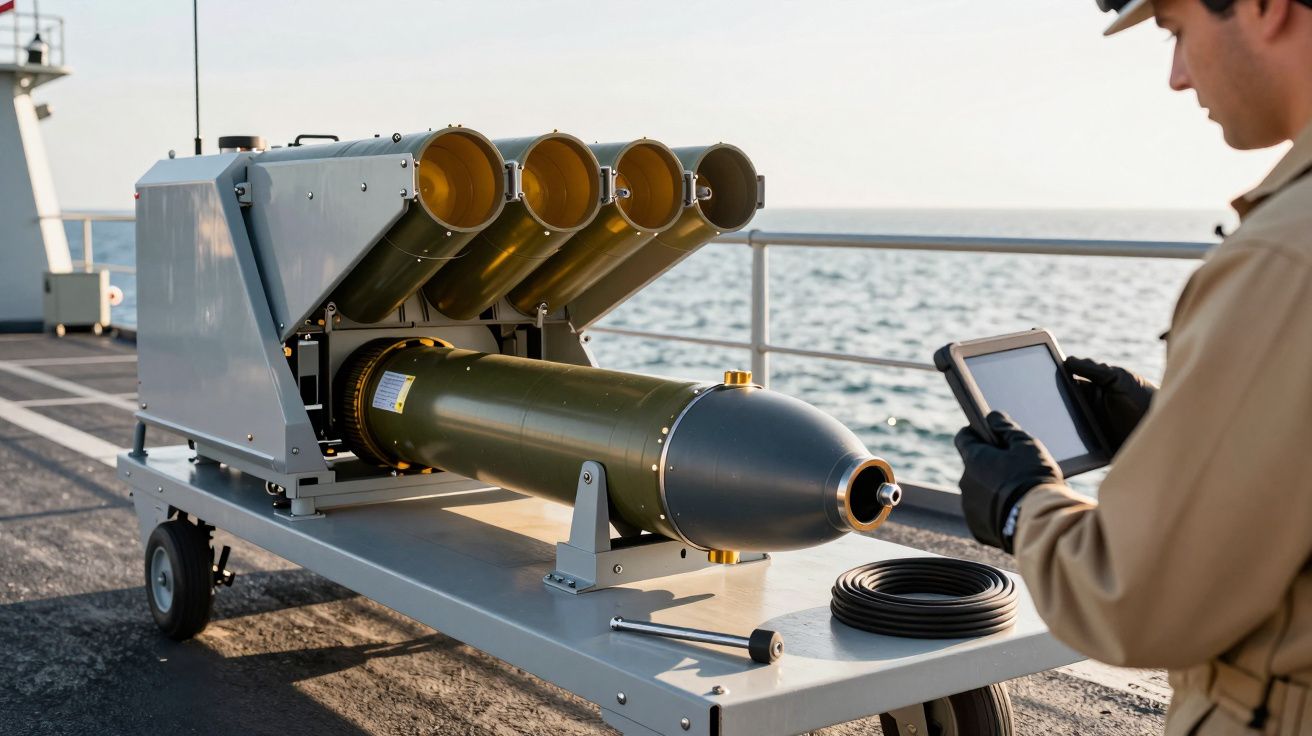 Osoba obsługująca sprzęt na statku, spoglądająca na urządzenie z wyrzutniami i tabletem w dłoni.