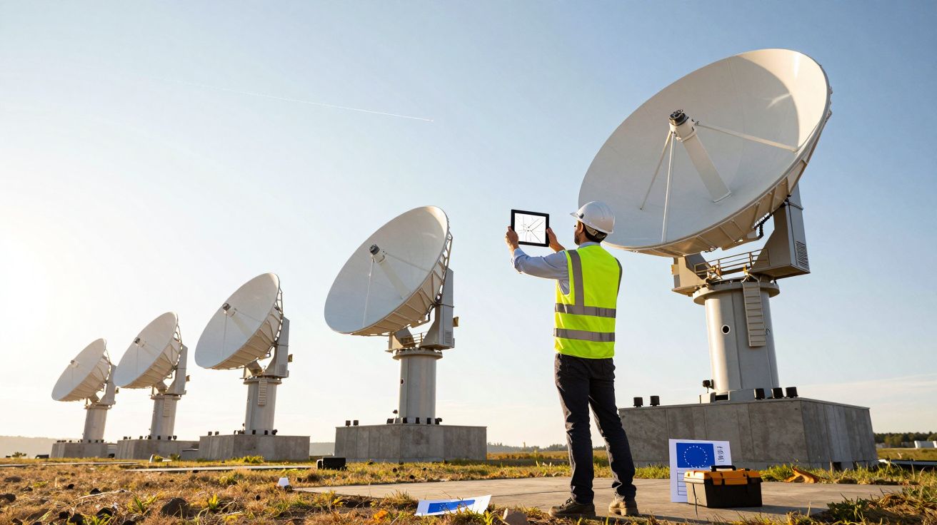 Osoba w kamizelce odblaskowej robi zdjęcie szeregu anten satelitarnych na tle nieba.