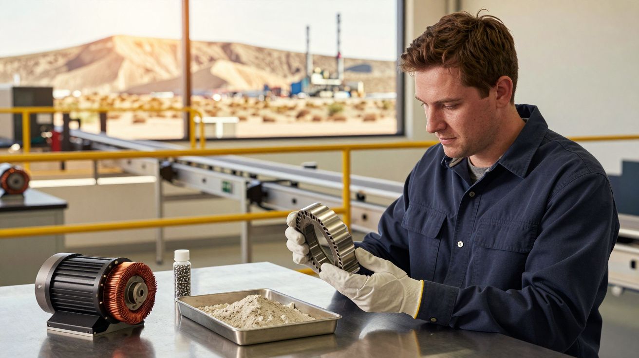 Mężczyzna w rękawiczkach analizuje komponenty silnika w laboratorium, w tle widoczny krajobraz pustynny.
