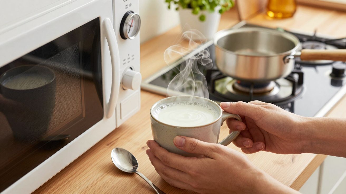 Osoba trzymająca parującą filiżankę napoju przed mikrofalówką, z patelnią na kuchence w tle.