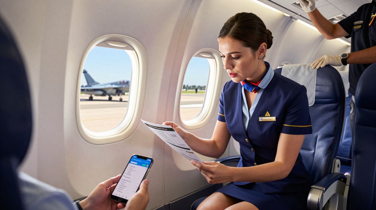 Stewardesa w uniformie czyta dokument w kabinie samolotu. Na zewnątrz przez okno widać samolot na pasie startowym.