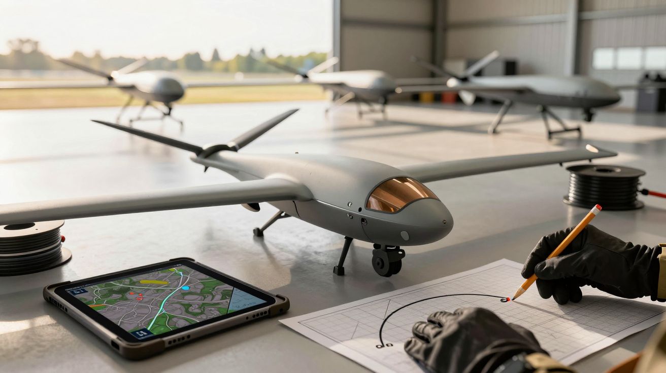 Cztery drony na stole warsztatowym, tablet z mapą i ręka w rękawicy wskazuje na wykres.