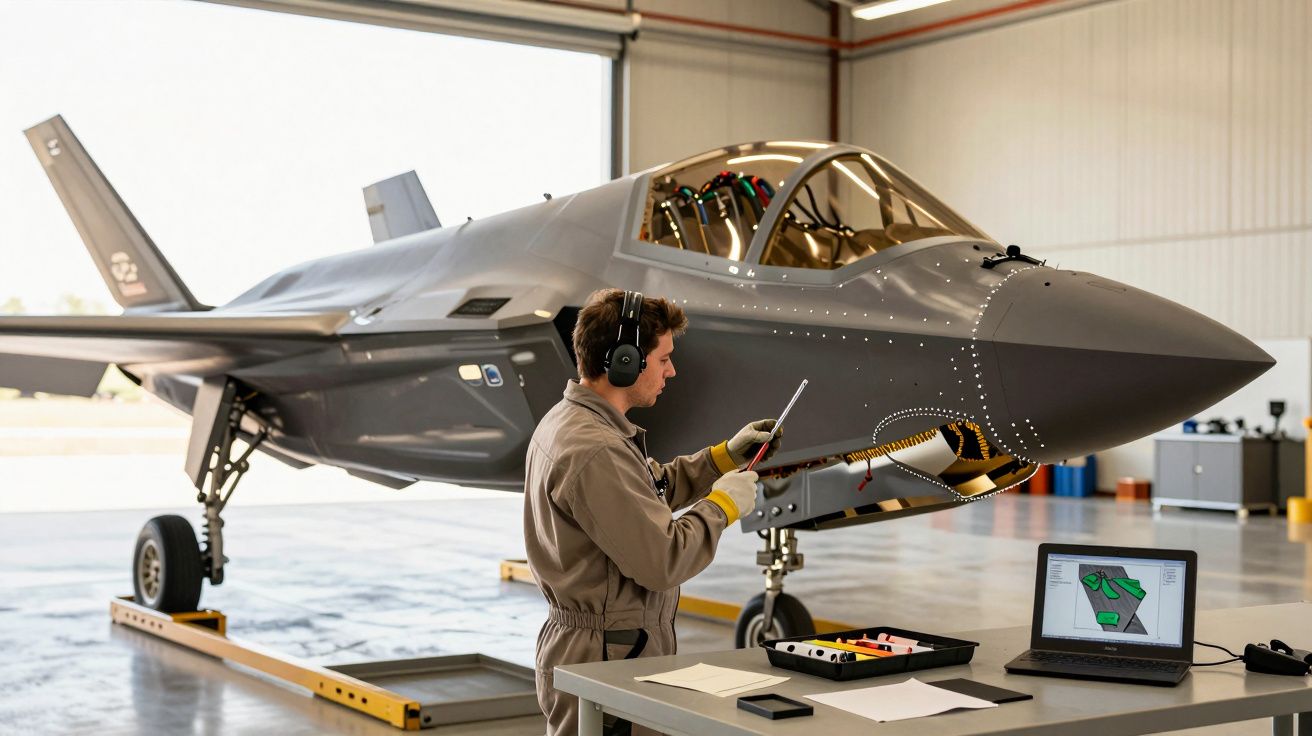 Mężczyzna w kombinezonie pracuje przy myśliwcu w hangarze, używając laptopa i narzędzi.