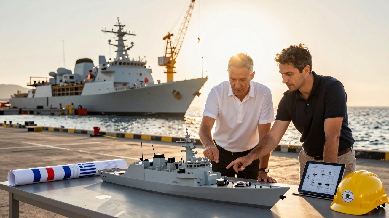 Dwóch mężczyzn na nabrzeżu analizuje model statku na stole, w tle widać duży statek wojskowy.