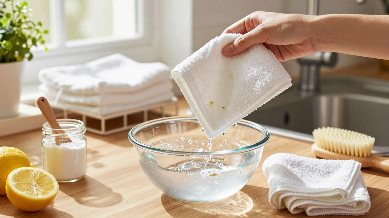 Ręka wyciskająca białą szmatkę nad miską z wodą, na blacie cytryny, soda oczyszczona i szczotka do czyszczenia.