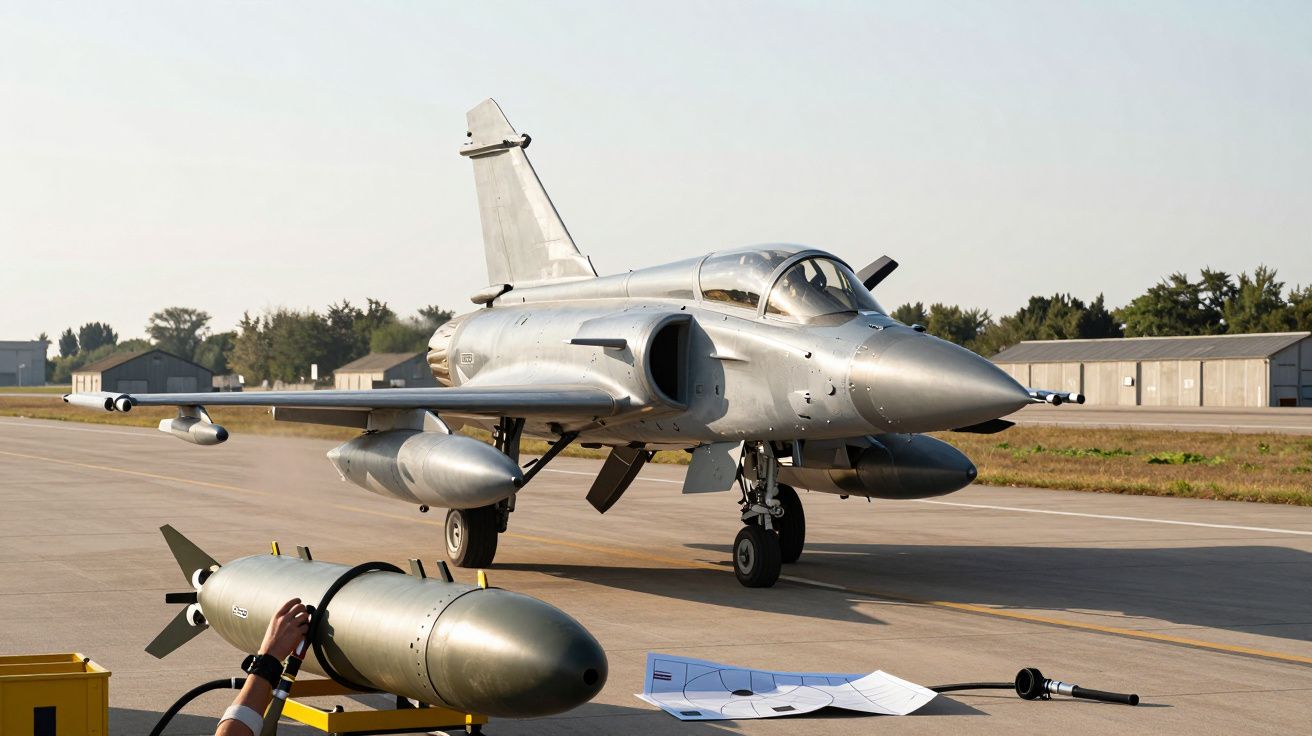 Samolot wojskowy na pasie startowym, w tle magazyny. Na pierwszym planie leży bomba i osoba trzymająca wskaźnik.