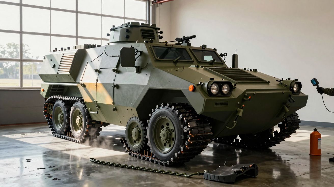 Opancerzony pojazd wojskowy na gąsienicach w hangarze, oświetlony naturalnym światłem wpadającym przez duże okno.