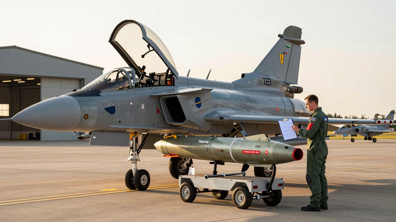 Myśliwiec wojskowy na płycie lotniska, pilot w zielonym kombinezonie sprawdza dokumenty obok samolotu.