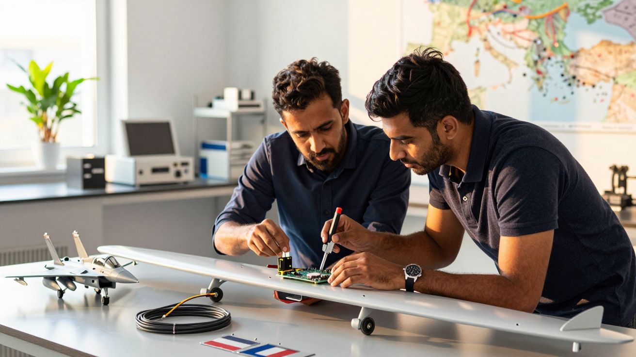 Dwóch mężczyzn pracuje nad modelem samolotu na biurku w laboratorium.