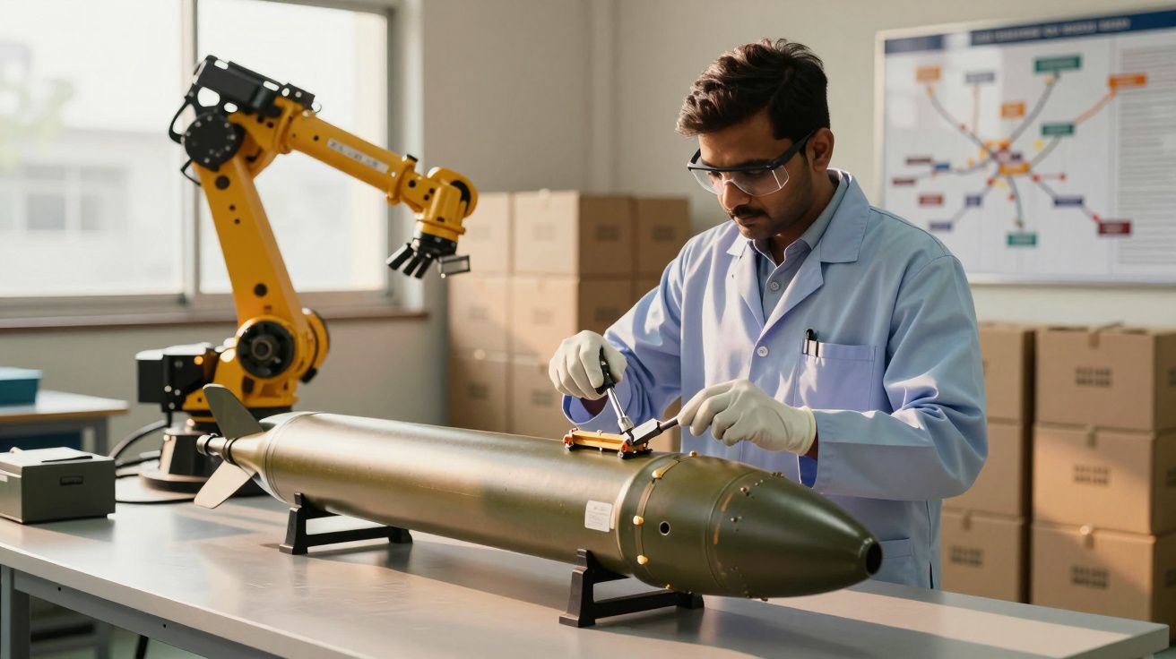 Naukowiec w laboratorium pracuje nad urządzeniem z robotycznym ramieniem w tle.