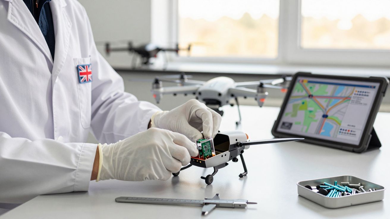 Osoba w białym fartuchu montuje podzespoły w mini dronie w laboratorium. Obok tablet z mapą i narzędzia.