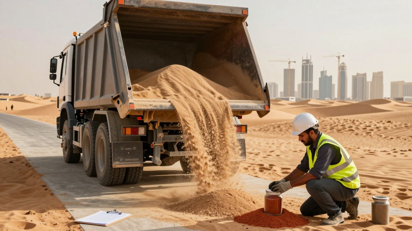 Ciężarówka wysypująca piasek na plac budowy w pustyni, obok mężczyzna w kamizelce odblaskowej pobiera próbkę.