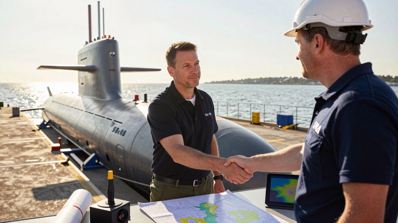 Dwóch mężczyzn podaje sobie ręce na nabrzeżu przy łodzi podwodnej, na stole leżą mapy.