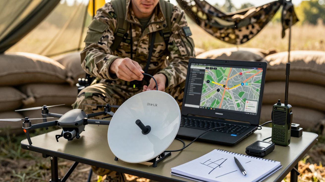 Żołnierz przy stole z laptopem i dronem, mapą na ekranie, anteną Starlink, radiem i notatnikiem.