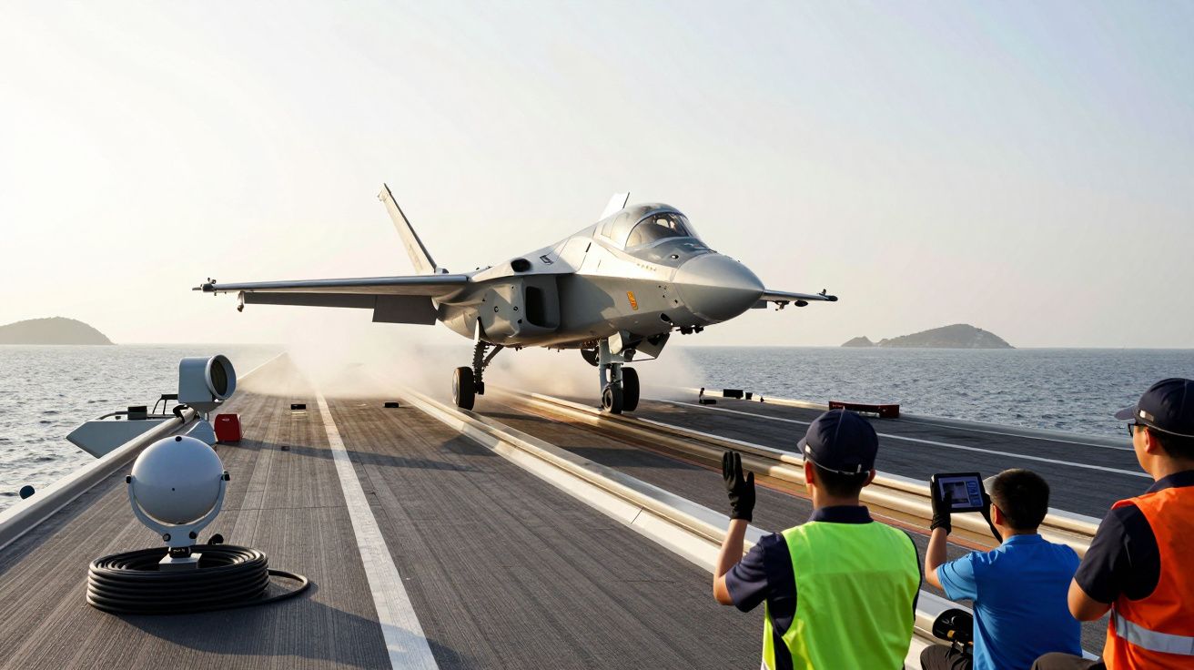 Myśliwiec startujący z lotniskowca na morzu, widoczni pracownicy pokładu obserwujący start.