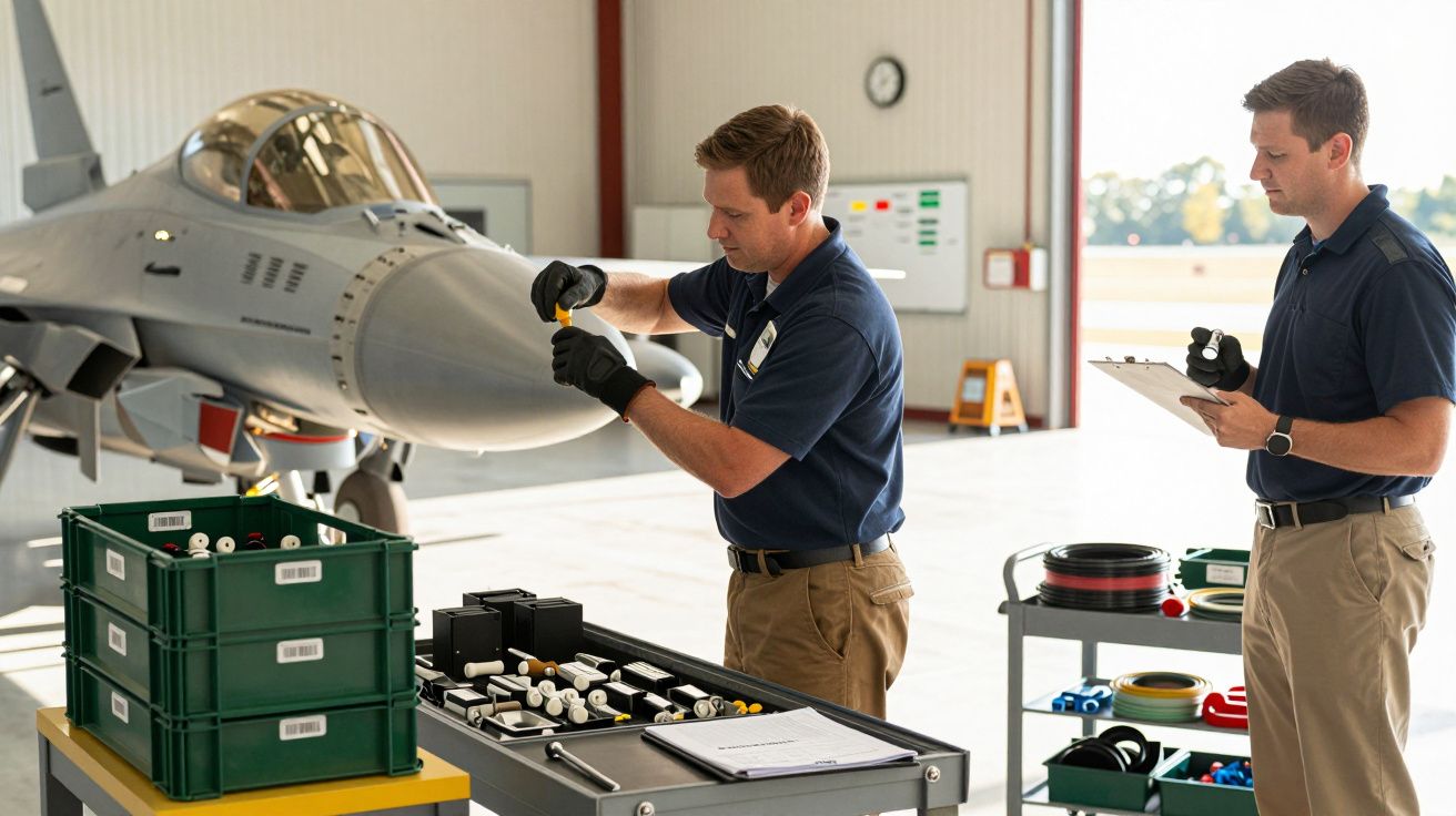 Dwóch mężczyzn pracuje przy samolocie wojskowym w hangarze; jeden trzyma narzędzie, drugi z notatnikiem.