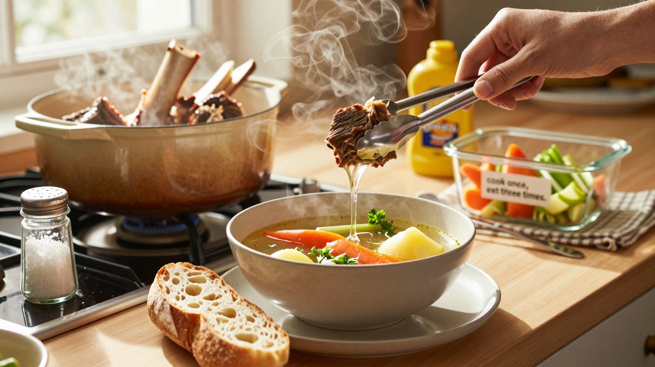 Zupa z mięsem i warzywami w misce, obok chleb, ręka podaje mięso szczypcami. Na kuchence gotuje się rosół.